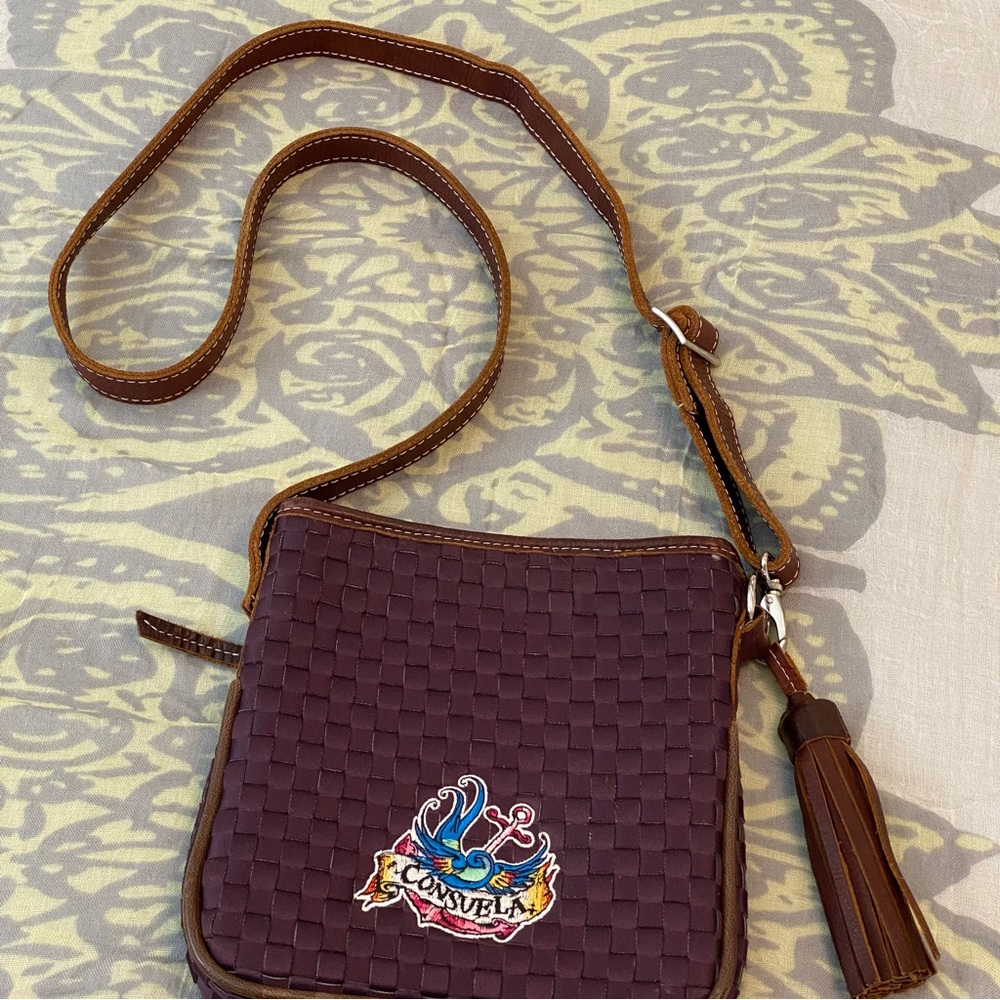 Consuela Cross Body, Weave Pattern Purse - Leather Strap, Embroidered.